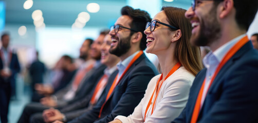 People attending international trade fair, conference business event. Professionals dressed in suits, casual wear, wearing lanyards with name tags. Focus on happy faces, engagement during