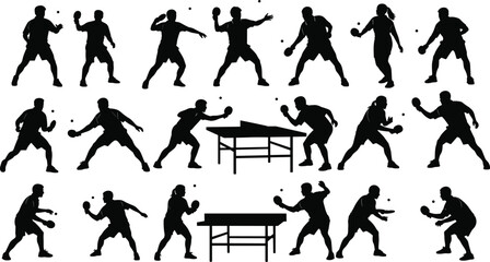 Table tennis silhouettes, ping pong players, paddle, ball, serve, return, action poses, black vector, sport icon, table, match