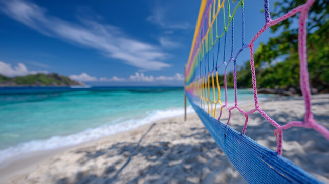 Sunlit volleyball net in sharp focus, its vibrant colored lines contrasting with soft sandy court and crystalline sea. Puffy white clouds dot the clear blue sky, amplifying the inv