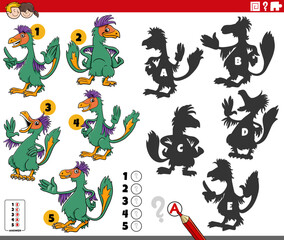 finding shadows puzzle with cartoon Caudipteryx characters