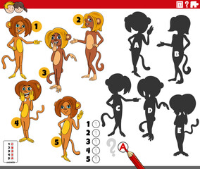finding shadows puzzle with cartoon monkeys animal characters