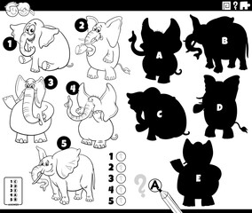 shadows puzzle with cartoon elephants animal characters coloring page
