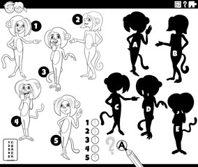 shadows puzzle with cartoon monkeys animal characters coloring page