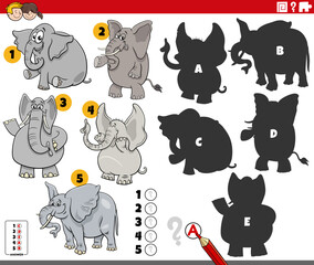 finding shadows puzzle with cartoon elephants animal characters