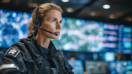 Side profile of a focused woman in emergency services uniform, headset microphone close to lips, as she inputs critical data on illuminated touchscreens displaying maps, vehicle lo