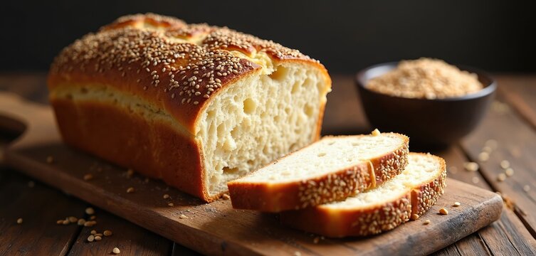 Gluten-free bread loaf, sliced, presented on rustic wooden board. Sprinkled with sesame seeds, fresh, homemade bread perfect for breakfast sandwiches. Deliciously baked with soft interior, golden - Powered by Adobe