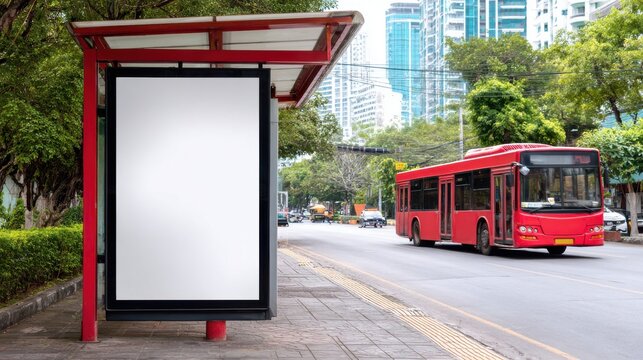 Stunning photo of blank billboard design on city roadside bus stop, vertical white poster mockup, red bus near urban environment, marketing placeholder in modern street setting.
