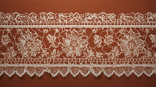 Encaje floral blanco con borde decorativo sobre fondo terracota