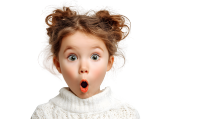 Young girl showing surprised facial expression on a white background