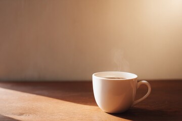 Warm cup of coffee on wooden table, soft light creating serene a