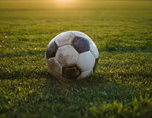 soccer ball on grass, Muddy soccer ball lying on wet green grass field in evening stadium lighting. Concept of professional football training and fitness