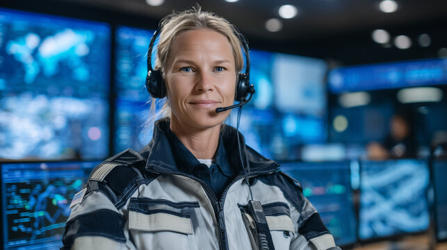 A confident female emergency operator in uniform, headset fitted, multitasks between various glowing monitors showing communication channels, live location tracking, and real-time