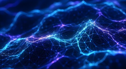 Abstract network of blue and purple connected lines and dots on a dark blue gradient background