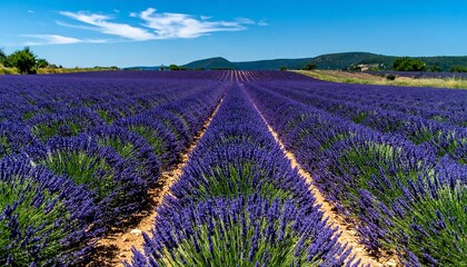 Obraz premium Ultra-detailed photo of a lavender field in full bloom under a bright blue summer sky. Perfect for wellness branding, floral advertising, and seasonal promotions.