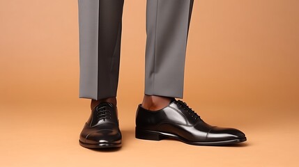 A man wearing formal shoes with grey pants on peach background