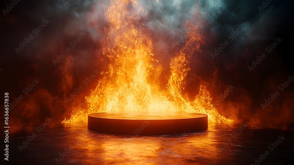 Poster a fiery blaze engulfs an empty podium long title dramatic flames and smoke rise behind an empty isol