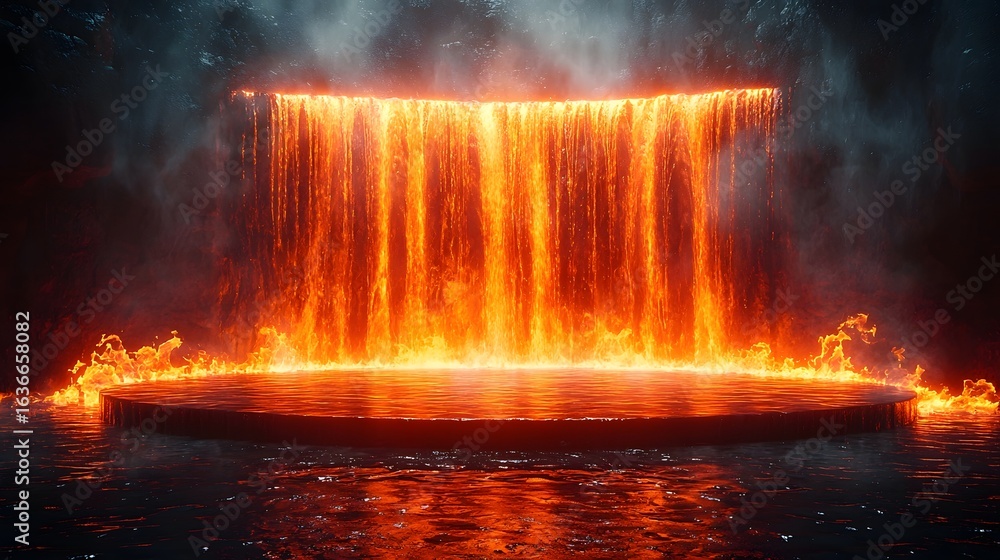 Poster fiery cascading waterfall erupting from an empty stage