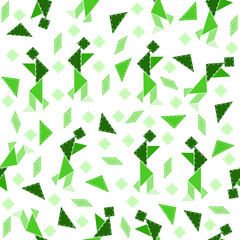 Seamless pattern of green tangram shapes forming people and abstract figures on a transparent background. Perfect for kids’ activities, educational projects, textiles, and versatile digital designs.