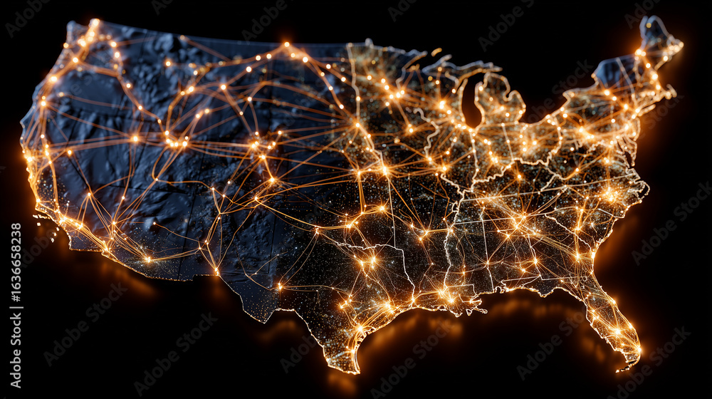 Aufkleber glowing orange map of the united states with intricate detail on borders and a complex matrix of lig