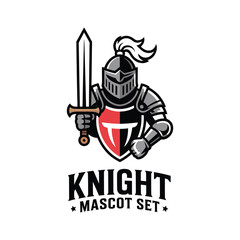 Knight mascot logo set bold medieval warrior designs isolated black and white vector
