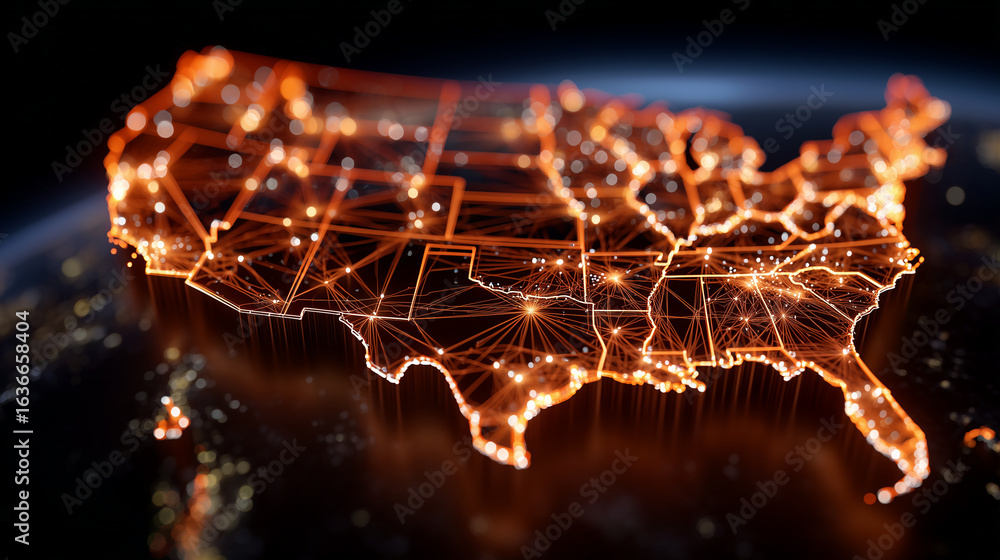 Poster an illuminated orange map showcasing the united states with glowing states and a dynamic network of 