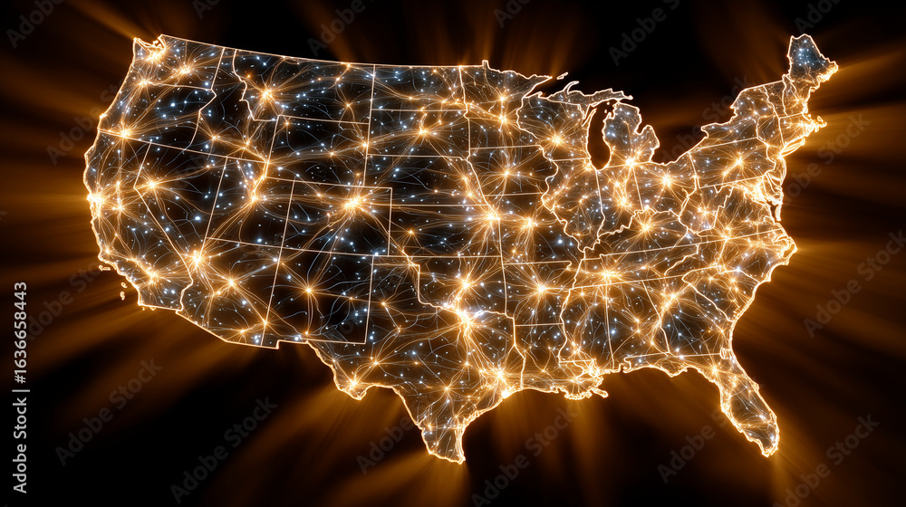 Poster a radiant orange map of usa with layered digital effects, glowing state borders outlined in bright o