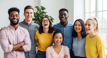A diverse group of happy young professionals posing together with genuine smiles. Perfect for promoting a positive company culture and team unity