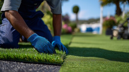 Fototapeta premium Detail shot of a worker smoothing out synthetic grass strands, highlighting the rich, lifelike texture and precise edges as the sun casts soft shadows on the lush artificial lawn s