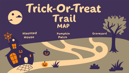 Halloween trick or treat trail map featuring a haunted house pumpkin patch and graveyard with a spooky moon and tree