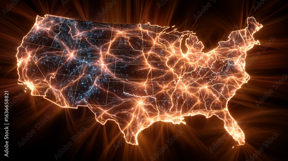 Poster a radiant orange map of usa with layered digital effects, glowing state borders outlined in bright o