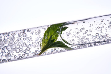 A test tube with the texture of serum or other cosmetics with mint and herbs.