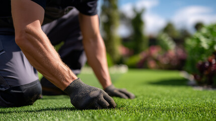 Side angle close-up of manâs hands smoothing artificial turf seams, vibrant green texture sharp and detailed, sunlight accentuating the lifelike grass fibers and skillful workmansh