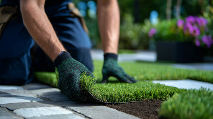 Vibrant green artificial grass being laid out in neat sections, manâs hands visible adjusting the alignment carefully, showing the texture depth and craftsmanship behind modern lan
