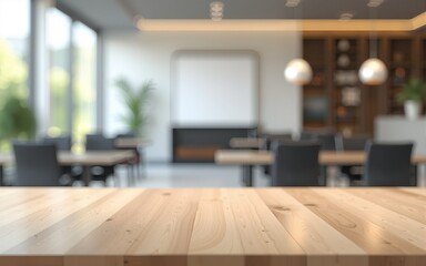 Wooden tabletop in focus with modern office interior blurred in background for product display or mockup presentation concept scene setup. 3D Rendering. High quality