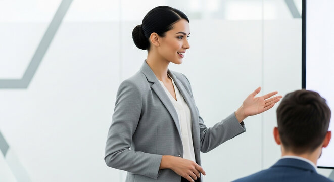 A professional businesswoman in a grey suit presents her ideas to a colleague in an office. Perfect for concepts of corporate training and presentation
