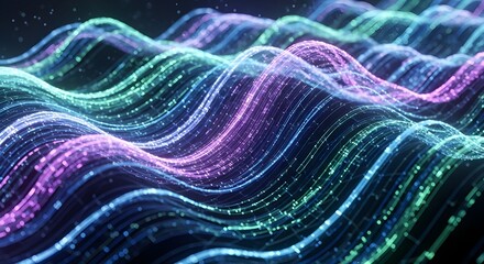 Abstract waves of light with particles in blue purple and green colors flowing in a dark background