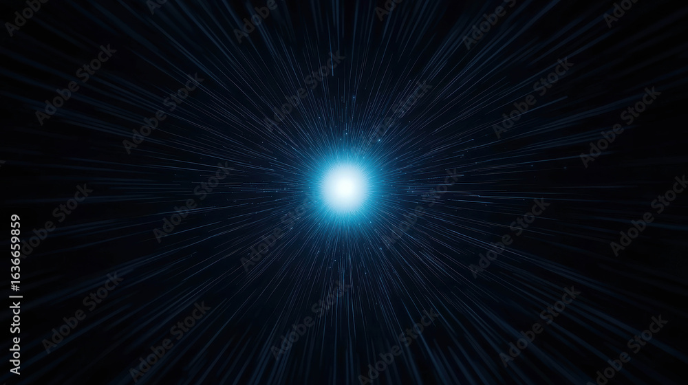 Poster abstract blue radial light burst with streaks extending outward against a dark background, creating 