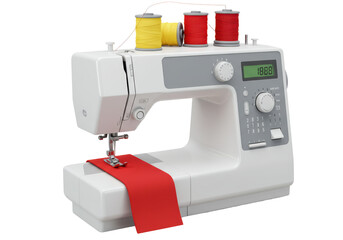 Isolated Modern Sewing Machine with Fabric and Threads