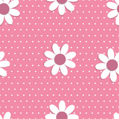 Seamless Floral Pattern with White Daisies and Polka Dots on Pink Background