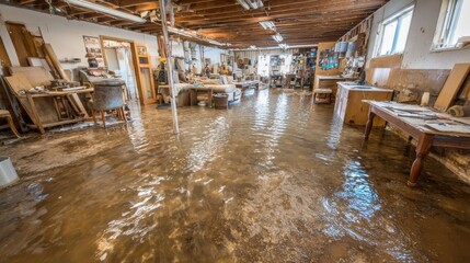 Stunning photo of water damage restoration process in house. Flooded interior with water covering floor. Furniture, belongings displaced. Construction equipment.