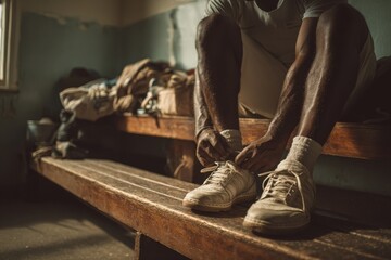 Cricket player tying shoes in dim locker room