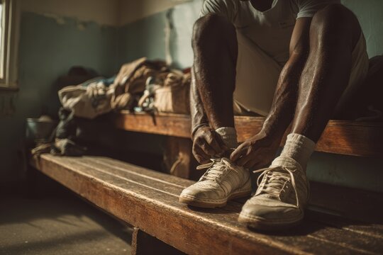 Cricket player tying shoes in dim locker room