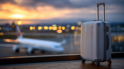 A modern suitcase with extended handle positioned near a large airport window, golden sunset pouring in. In the distance, a blurred airplane taxis, ready for takeoff, while the sof