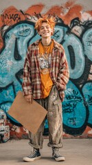 Young protester holding cardboard sign amid graffiti