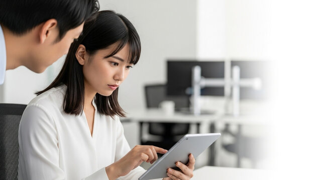 A businesswoman and her colleague review data on a tablet in a modern office. This is perfect for illustrating teamwork and digital collaboration