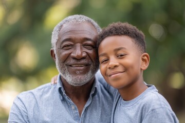 Fototapeta premium Smiling grandfather and grandson share joyful moment outdoors, s