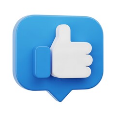 Blue social media like icon with a white thumb up symbol, isolated on white background
