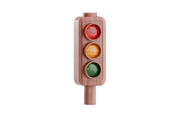 A whimsical wooden traffic light toy with glowing red, amber, and green lights on atransparent background.
