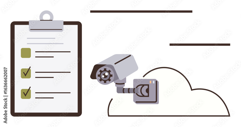 Poster clipboard with checkmarks representing tasks, surveillance camera connected to a cloud symbolizing m