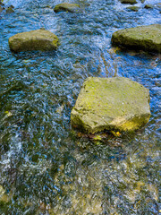 A serene stream flows over rocky outcrops, creating a tranquil scene enhanced by lush greenery and...